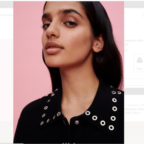 Maje Knit Overshirt with Eyelets Black and Silver Cardigan with Studded Grommets - Picture 3 of 11